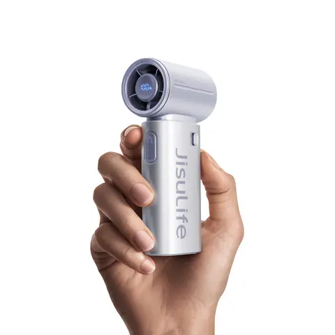 JISULIFE Ventilateur souffleur portable 9S Turbo – Équipé d'une batterie robuste de 5000 mAh pour une autonomie impressionnante de 22 heures, doté de 5 réglages de vitesse variables, d'un format mini peu encombrant, idéal pour une utilisation en déplacement, que ce soit aux concerts ou lors de voyages estivaux – Bleu