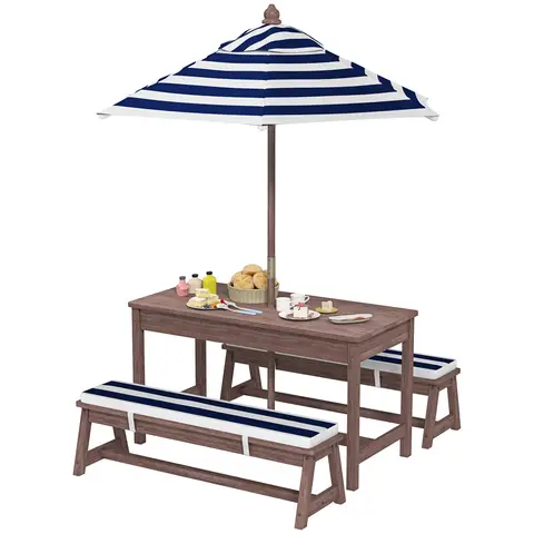 AIYAPLAY Kids Picnic Table, Wooden Kids Garden Furniture with Removable Umbrella and Cushions, Garden Table and Bench Set for Patio, Navy Blue