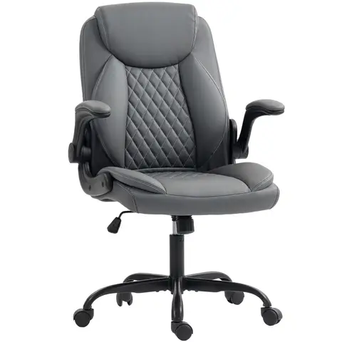 HOMCOM Executive Office Chair with Flip-Up Armrests, PU Leather Computer Desk Chair with Thick Cushion, Tilt Function, Height Adjustable for Home, Charcoal Grey