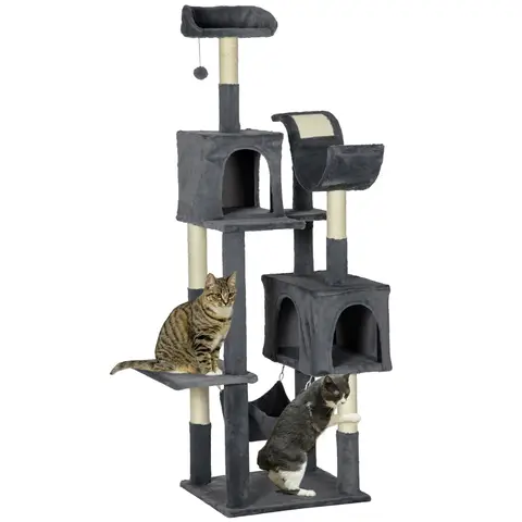 PawHut 177cm Cat Tree for Indoor Cats, Mult-level Kitten Climbing Tower, with Scratching Posts, Two Cat Houses, Perches, Toy Ball - Dark Grey
