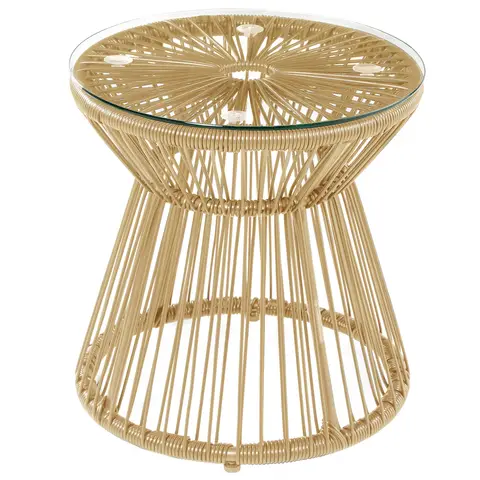 Outsunny Outdoor Coffee Table, Round PE Rattan Side Table with Tempered Glass Table Top, Hollow Drum Design for Garden, Balcony, Patio, Natural Wood Finish