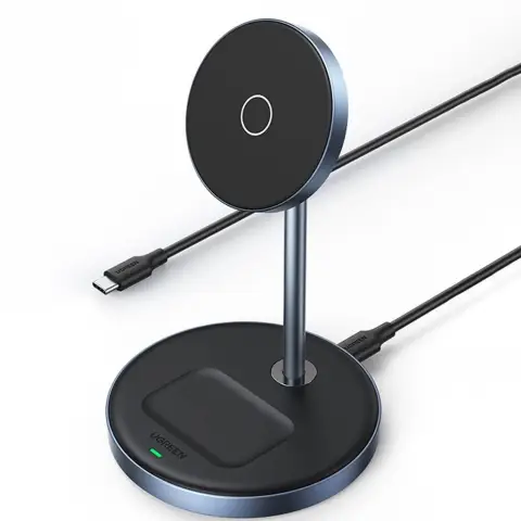 UGREEN MagFlow Wireless Charger Compatible with MagSafe Charger Stand, 2-in-1 Magnetic Charging Station Compatible with iPhone 16/16 Plus/16 Pro/16 Pro Max/15/14/13/12 Series, AirPods 4/3/2/Pro