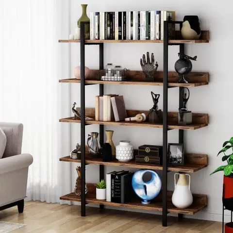 Tribesigns Bücherregal – 5-stufig, offen, Holz & Metall, Industriestil, Braun