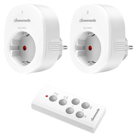 DEWENWILS Radio Sockets with Remote Control, 30 m Range Radio Sockets for Holiday Decoration, 2300 W, Programmable and Expandable, 2 Sockets with 1 Remote Control, White