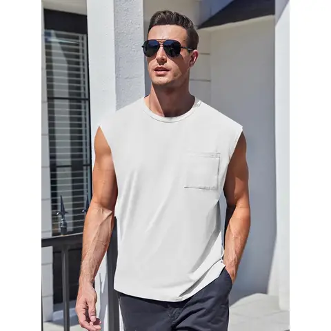 Men's Sleeveless Tank Tops Workout Cut Off Shirts MUSCLE Gym T Shirts with Pocket (White， L)