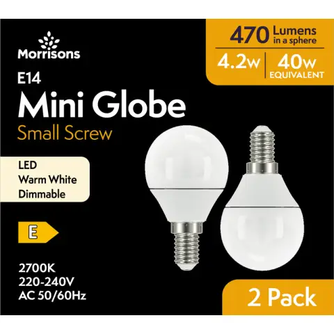 MORRISONS LED MINI GLOBE 470 LUMENS 4.2W SES DIMMABLE 2700K 2PK