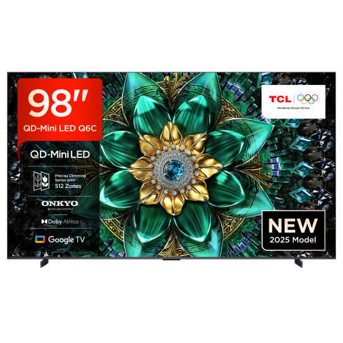 TCL 98Q6C QLED Mini LED Fernseher, 98 Zoll, 4K HDR Premium, Dolby Vision IQ & Atmos, Onkyo 2.1 Sound, Google TV, Smart TV, Game Master, 144 Hz, FreeSync Premium Pro, HDMI 2.1, AirPlay 2, Alexa & Google Assistant