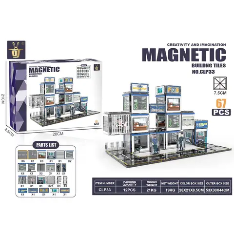 XINQIYUAN Bildungstoys magnetic tiles magnetspielzeug magnetkugeln kinder 7,5 cm Polizeistation Magnetische Bausteine, 67 Stück