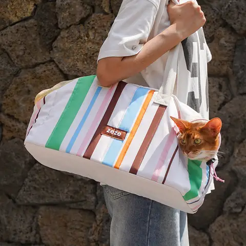 ZEZE Striped Pet Carrier Bag, Portable Travel Carrier for Cats Dogs (Beige)