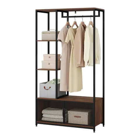 WOLTU Kleiderständer mit Aufbewahrungsschrank, Offener Kleiderschrank aus Holz und Metall, Kleiderständer für Schlafzimmer, Dunkle Buche