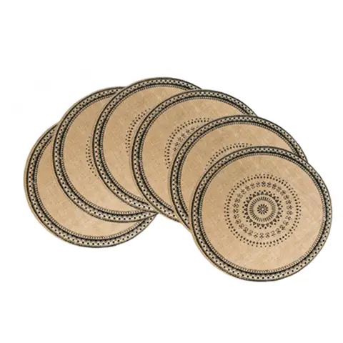 Lot de 6 Sets de Table Bohème Ronds en Jute 38 cm – Motif Floral et Géométrique, Beige Naturel et Accents Noirs, Lavage à la Main, Décoration de Table Rustique pour Cuisine et Salle à Manger