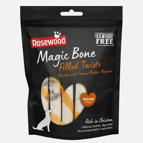 Rosewood Magic Bone Filled Twists Chicken and Peanut Butter Flavour Dog Treats 6pc, 195g