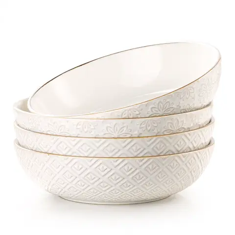 Dafuceramic 8.5Inch Pasta Bowls, 36OZ Serving Bowls, Salad Bowls Set of 4 Ceramic Sturdy & Stackable, Ideal for Housewarming, Festivals,Multicolor,White