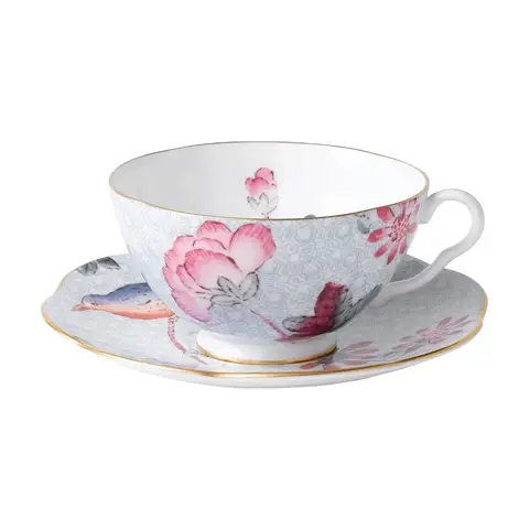 WEDGWOOD Cuckoo Fein Bone China Teetasse & Untertasse Set mit 22K Goldrand - Blaues Blumenmuster
