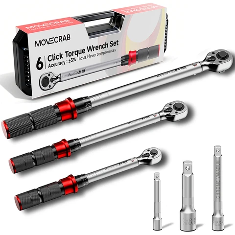 MoveCrab Mechanical Torque Wrench Set 6-Pc 5-220N.m with 3 Extension Rods for Bicycle Motorcycle Auto Industrial Repair Tools Kit