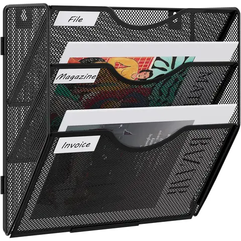 3 Tier A4 Mesh Assembled Wall Pocket File Holder,Black