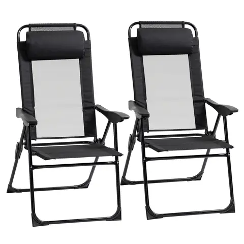 Outsunny Folding Garden Chairs Set of 2, 5-Position Recliner Camping Chair with High Back, All Weather Texteline Seat, Portable Outdoor Dining Chairs with Headrests for Patio, Picnic, Black