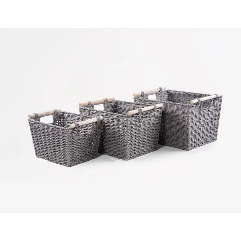 S/3 HAND WOVEN PAPER STORAGE BASKET WITH WOOD HANDLES  L:15.5x12.5x10" M:14x11x9" S:12.5x9.5x8"