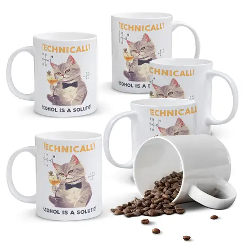 Alphynix 1 weiße Tasse 33cl mit "TECHNISCH GESEHEN IST ALKOHOL EINE LÖSUNG" Chemie-Wortspiel & Smokingkatzen-Illustration, wissenschaftlicher Humor Weihnachts- oder Thanksgiving-Geschenk,Geschenk zum valentinstag, geschenk zum geburtstag