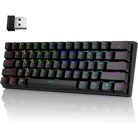 Elesense ET 60% clavier mécanique sans fil, triple mode 2,4 G/USB-C/Bluetooth, clavier gaming, rétroéclairé RGB, commutateur bleu à effet clic, 61 touches, rechargeable, pour iPad, Mac, PC et Xbox
