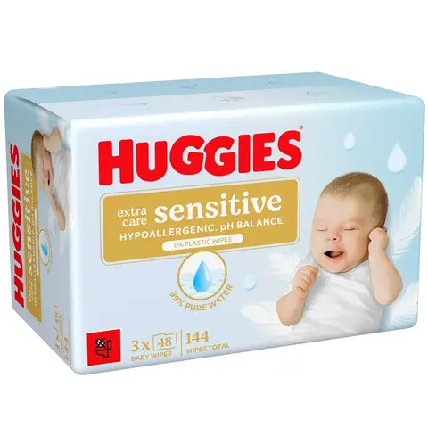 Huggies Pure Babyfeuchttücher, für empfindliche Haut – 4 Packungen à (3x48 Tücher) – 99 % Wasser, plastikfrei