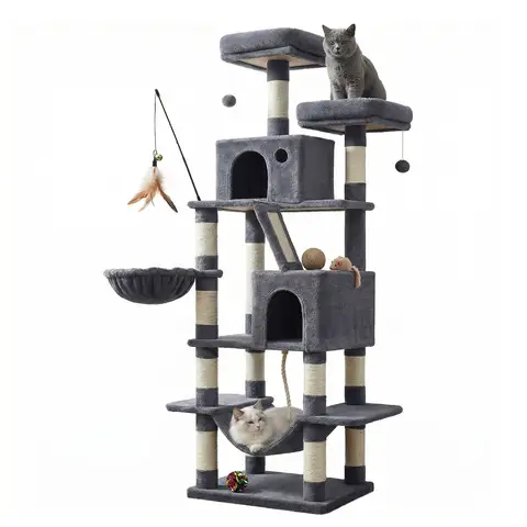 JOYFURNOS Arbre à chat, grande tour pour chat de 168 cm avec 13 poteaux à griffer, 1 rampe à griffer, 2 perchoirs, 2 niches, panier, hamac, pompons, gris fumé