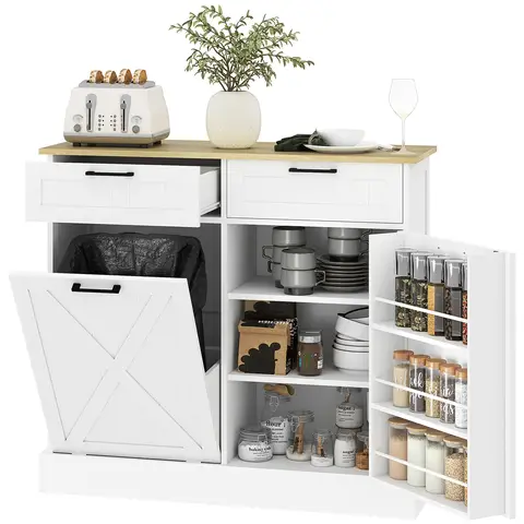 HOMCOM Sideboard with Tilt-out Trash Bin, Farmhouse Kitchen Sideboard with 2 Drawers, Adjustable Shelves, Door Racks and Wood-effect Top, Freestanding Storage Cabinet for Kitchen, Dining Room, White
