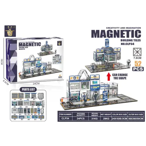 XINQIYUAN Bildungstoys magnetic tiles magnetspielzeug magnetkugeln kinder 7,5cm Polizeistation Magnetisches Konstruktionsset, 52 Teile