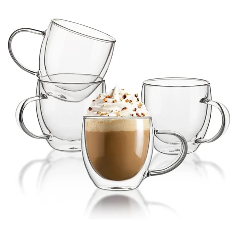 Double Wall Glass pack of 2 Coffee Mugs with Handle,250ml Clear Insulated Glass Espresso Cups for Hot and Cold Beverages,Latte,Cappuccino
