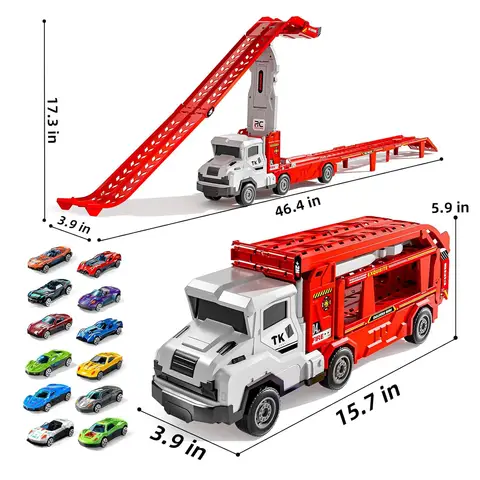 Jouet camion de transport TEMI avec 12 voitures en métal moulé sous pression, support de circuit de course pliable pour enfants