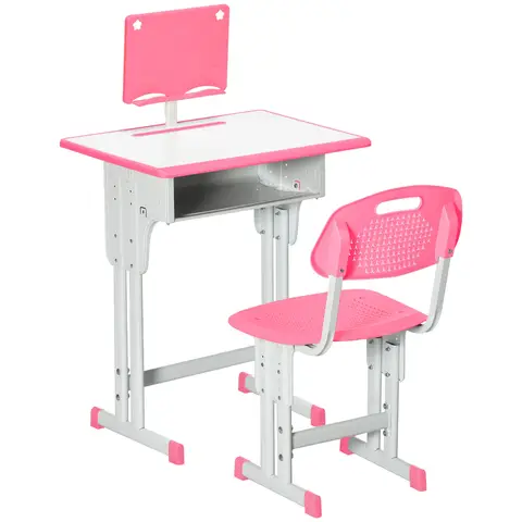 HOMCOM Kids Desk and Chair Set Adjustable Height Study Table Set w/ Drawer, Book Stand, Pen Slot - Pink