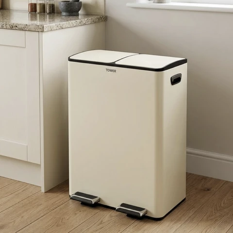 Tower Recycling Pedal Bin With Two Compartments 60L, Cream