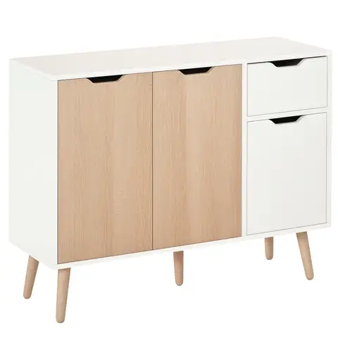 HOMCOM Sideboard Floor Standing Storage Cabinet with Drawer and Solid Wood Legs Natural