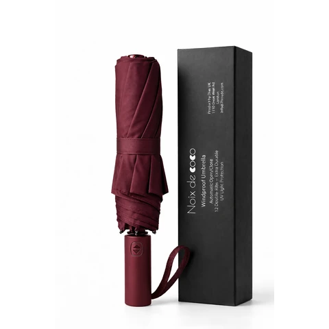 Noix de coco Premium Burgundy Compact Automatic Windproof Umbrella - 12 Double-Rib Construction - UV Protection - Strong Trav