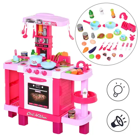 HOMCOM 38 Pcs Kids Children Kitchen Play Set w/ Realistic Sounds Lights Food Utensils Pots Pans Appliances Toy Game Pink