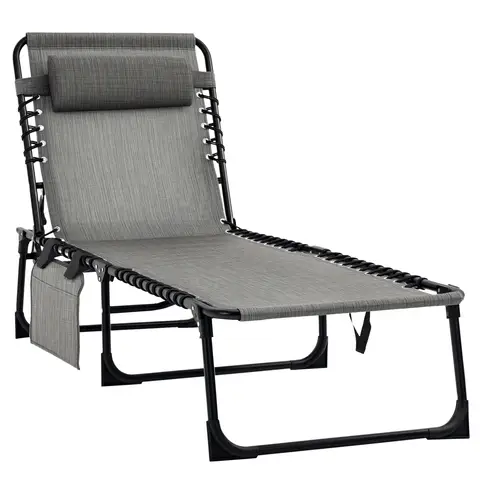 Outsunny Portable Sun Lounger, Folding Camping Bed Cot, Reclining Lounge Chair 5-position Adjustable Backrest with Side Pocke