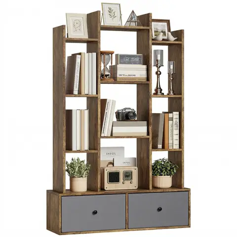 HOMCOM Tree Bookshelf, 12-Tier Floor Standing Bookcase with 2 Foldable Drawers, Freestanding Book Shelf Storage Rustic Brown