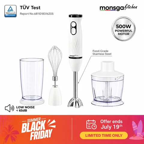 Monsga 2-in-1 Hand Blender & Whisk Monsga S100, Ergonomic Stick Blender with Normal/Turbo Modes, Anti-Splash & Pan Protection, 500mL Chopper, 500mL Beaker, 1.5m Cable, Dishwasher Safe, Cream White