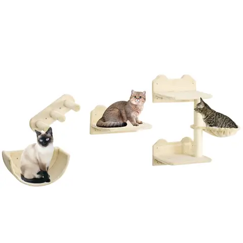PawHut Cat Wall Furniture, 4 PCS Kitty Climbing Shelves Set, Wall Mounted Cat Tree with Scratching Post, Hammock, Steps, Perches, for Indoor Kittens Sleeping Playing - Beige