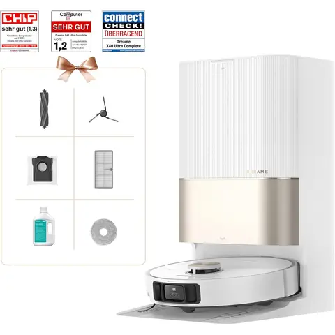 dreame X40 Ultra Komplett-Staubsaugerroboter mit Wischfunktion, 12.000Pa Saugkraft, 70℃ Wischmopp, Selbstreinigung, Automatische Entleerung, Automatische Nachfüllung, Anti-Verhedderung und Abnehmbare Bürsten