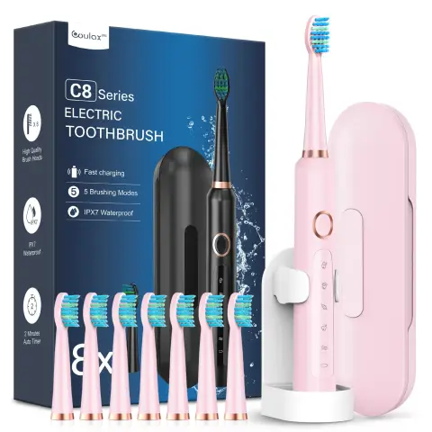 Coulax Hollow-Cup Electric Toothbrush, 8 Brush Heads, 5 Modes, Includes Travel Case
& Stand - Pink