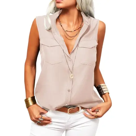 Women's Solid Lapel Sleeveless Tank Tops Summer Button Down Shirts Office Ladies Shirts (apricot, S)