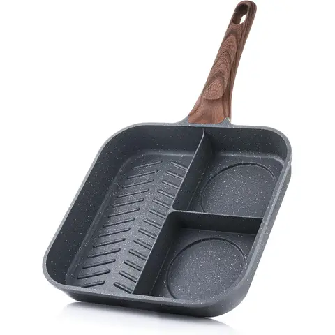 SENSARTE Nonstick Divided Grill Pan for Stove Tops, 3-Section Versatile Breakfast Grilling Pan, Durable Square Grill Skillet, Steak Griddle Pan, PFOA, PFOS, APEO Free, Induction Compatible, 9.5 Inch