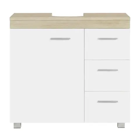 Ochama x SONGMICS Bathroom Storage Unit with Drawers, Under Sink Cabinet with Compartments and Feet, for Pedestal Basins, White and Beige