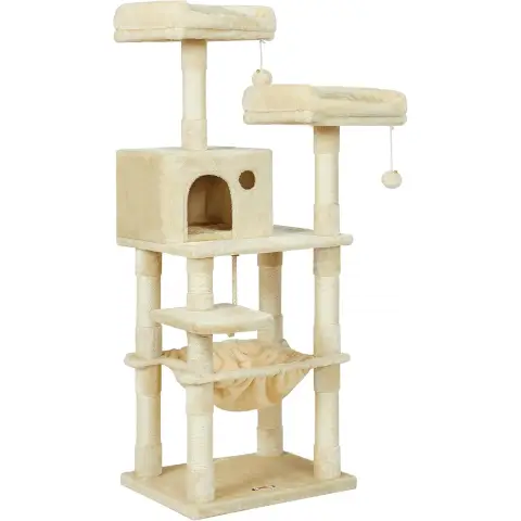 Arbre à chat FEANDREA 143 cm, 2 plateformes d'observation confortables, beige