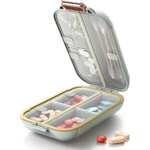 Portable Pill Organizer, Pill Box with 7 Compartments, Small Pill Case for Travel, Daily Medicine Pill Organizer with Air-Tight Lid, BPA-Free Material Pill Container (Green)