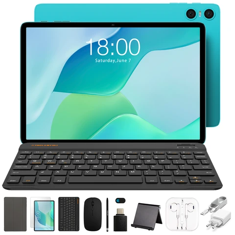 Nouvelle tablette Teclast P33 Case – Android 15, écran IPS 10,1 pouces avec résolution 1280×800, processeur cinq cœurs Allwinner A333, 9 Go* (3 Go + 6 Go extension virtuelle) RAM + 64 Go stockage, connectivité WiFi, batterie 6000 mAh avec charge Type-C, double caméra HD (5 MP arrière + 2 MP avant). Livrée avec housse de protection, clavier Bluetooth, souris Bluetooth, support de tablette, chargeur, câble de données, stylet, écouteurs, câble adaptateur OTG et cache de confidentialité pour caméra.