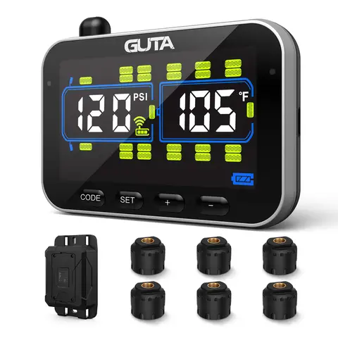 GUTA RV/Trailer Tire Pressure Monitoring System with 6 Sensors, 0-188PSI Real-Time Monitoring, 6 Alarms, LCD Color Screen, Repeater, Long-Distance Communication, Supports Up to 24 Tires, GT20C+6GS02+GB30