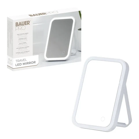 Bauer Portable LED Mirror With Stand – Touch Control, Adjustable LED Lighting, Compact Travel Design – White, 62279