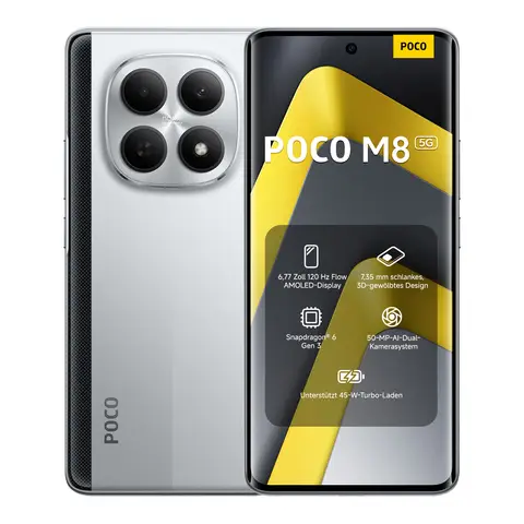 POCO M8 5G Silber 8G RAM 256G ROM, Xiaomi Original mit offizieller Garantie, Snapdragon 6 Gen 3, 6,77 Zoll Flow AMOLED 120 Hz, 5520 mAh + 45 W Ladung, 50 MP + 20 MP Kameras